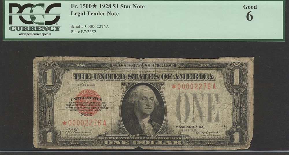 Fr.1500*, 1928 $1 Legal Tender Star Note, *00002276A, Good Condition, PCGS-6